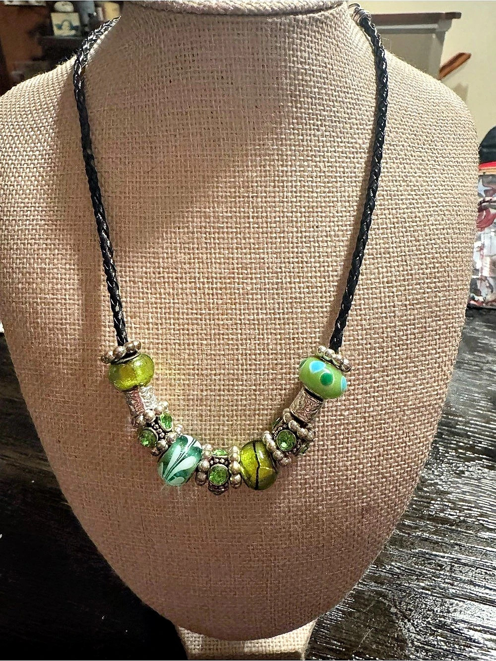 Beaded Statement Necklace in Green & Black Like New